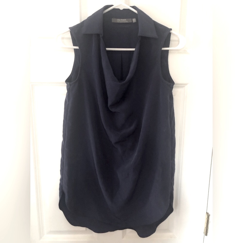 Lisa Rinna dark blue drape neck sleeveless blouse size xxs hi-low hem